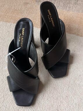 Saint Laurent Black Leather Crisscross LouLou Mule Heels size 8.5 US & EU 39